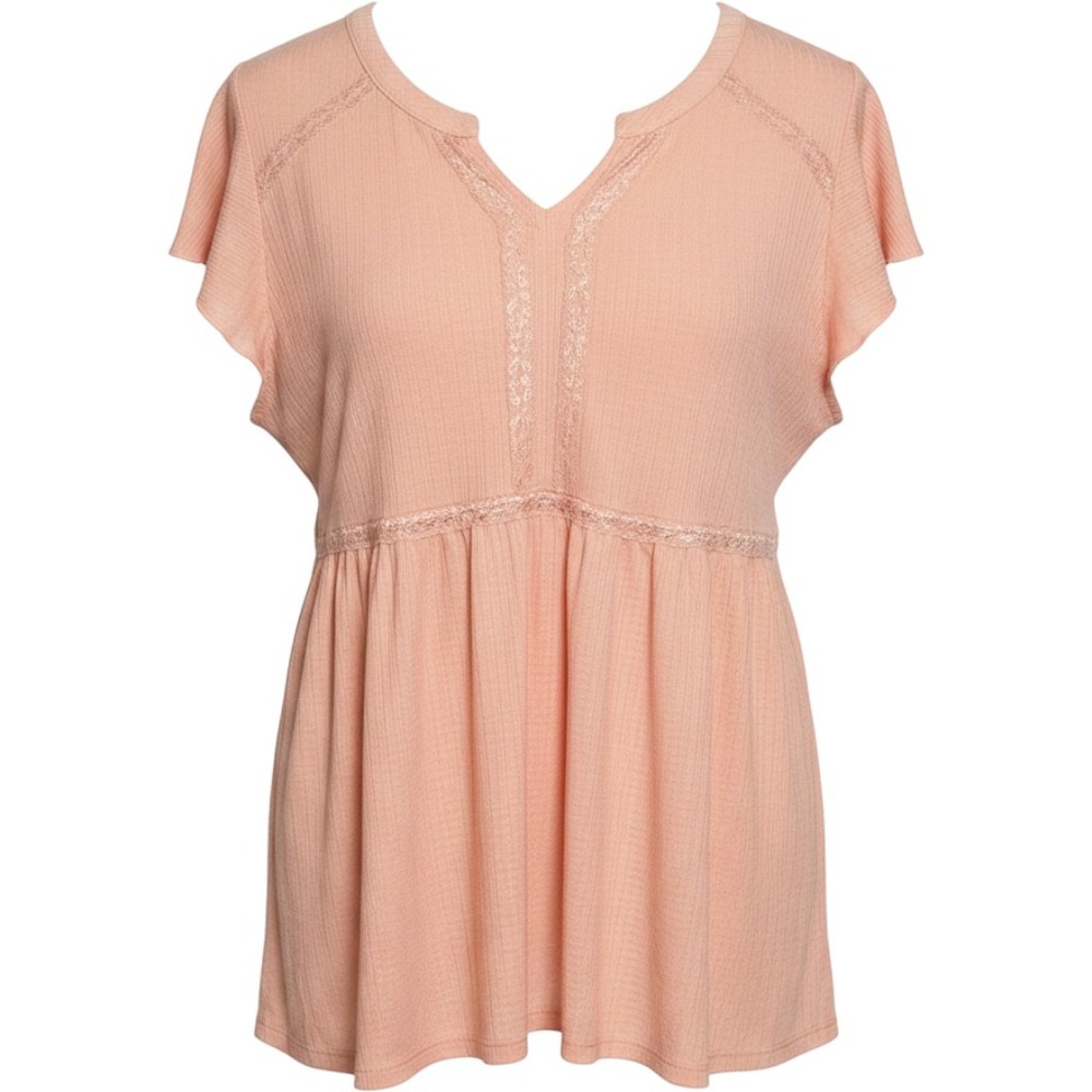 Torrid Peach Ribbed Babydoll Top Lace Trim Flutter Sleeve V-Neck Size 2 Plus